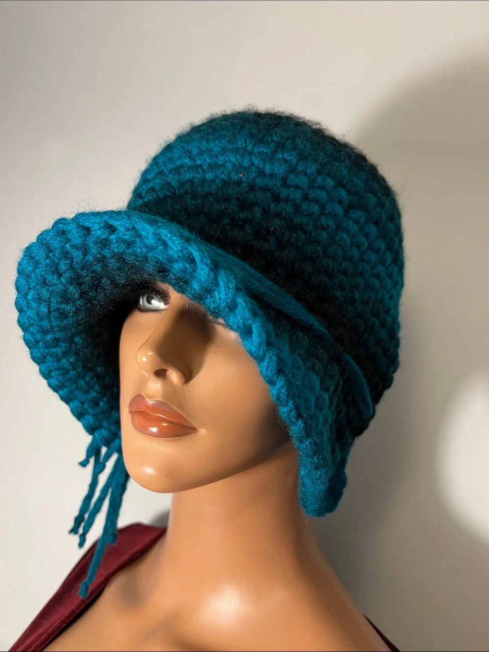 Hand-Knit Teal Cloche Hat with Velvet Band and Button Trim